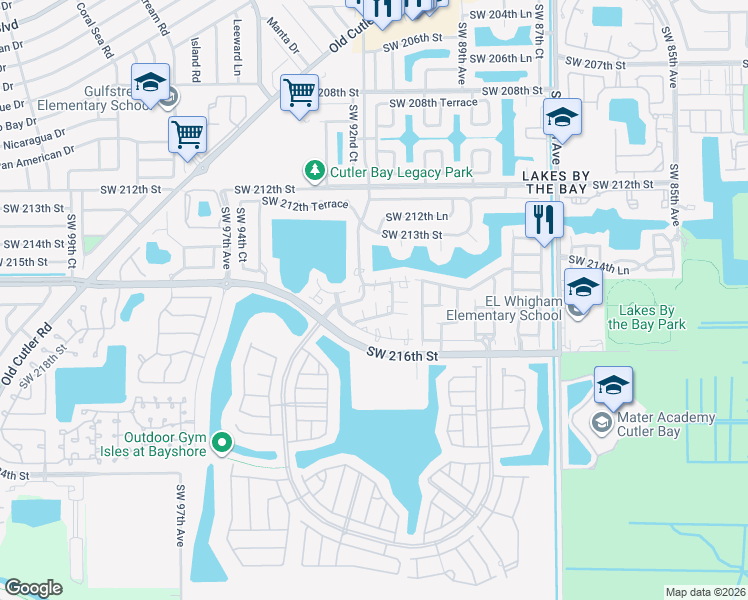 map of restaurants, bars, coffee shops, grocery stores, and more near 21466 Southwest 90th Place in Cutler Bay