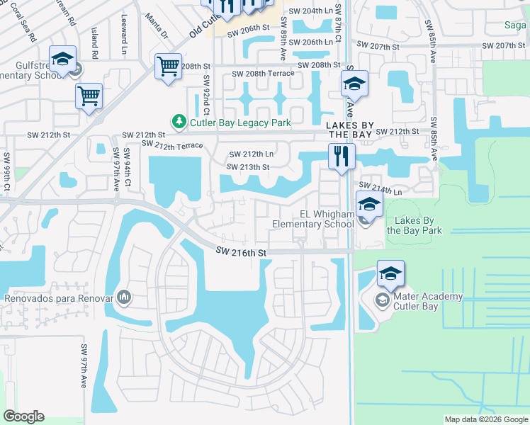 map of restaurants, bars, coffee shops, grocery stores, and more near 21434 Southwest 89th Place in Cutler Bay