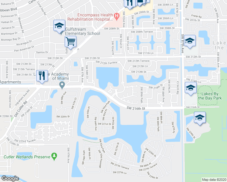 map of restaurants, bars, coffee shops, grocery stores, and more near 21547 Southwest 92nd Place in Cutler Bay