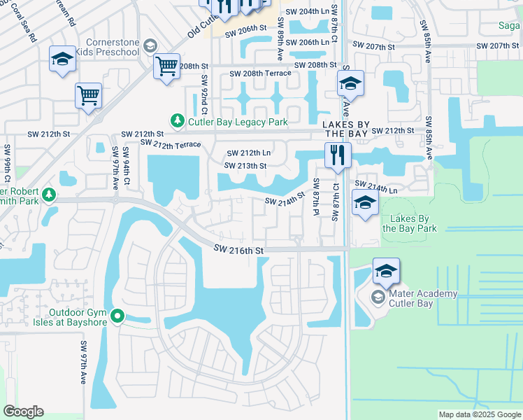 map of restaurants, bars, coffee shops, grocery stores, and more near 21434 Southwest 89th Place in Cutler Bay