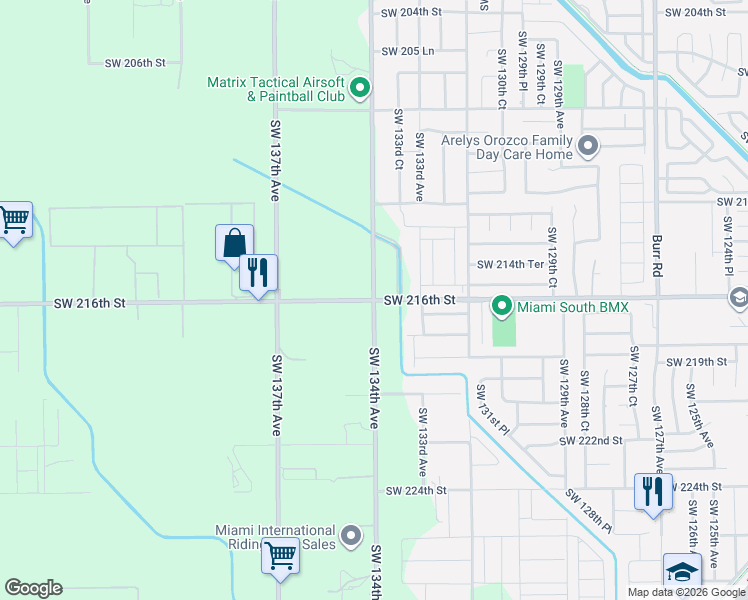 map of restaurants, bars, coffee shops, grocery stores, and more near 13455 Southwest 216th Street in Miami