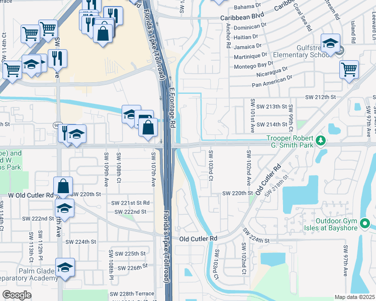map of restaurants, bars, coffee shops, grocery stores, and more near 10420 Southwest 216th Street in Cutler Bay
