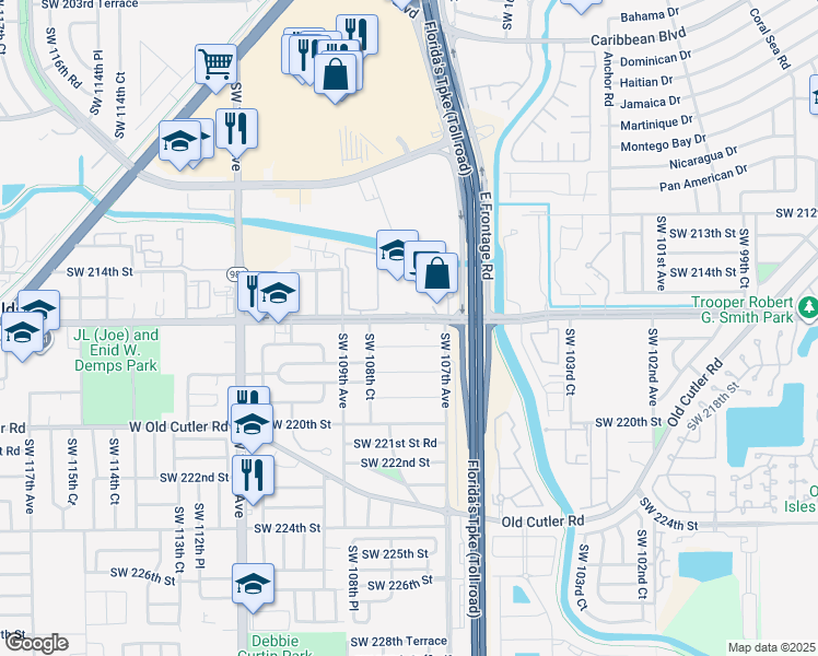 map of restaurants, bars, coffee shops, grocery stores, and more near 10750 Southwest 216th Street in Miami