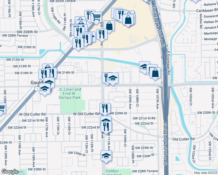 map of restaurants, bars, coffee shops, grocery stores, and more near 11100 Southwest 216th Street in Goulds