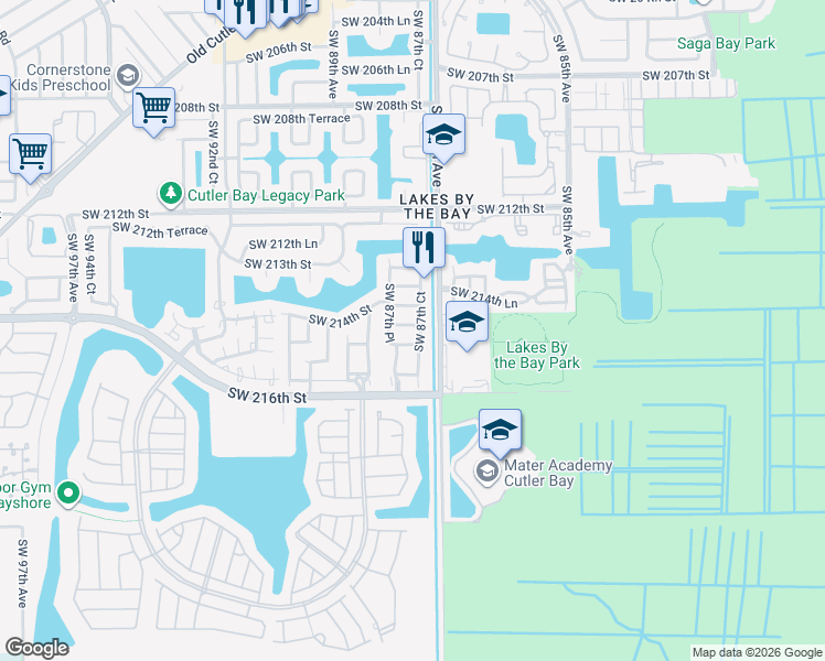 map of restaurants, bars, coffee shops, grocery stores, and more near 8748 Southwest 214th Terrace in Cutler Bay