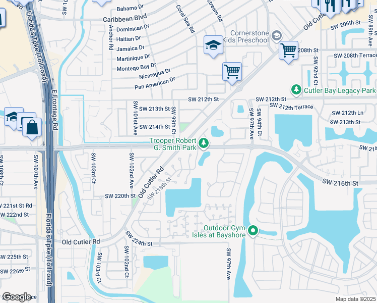 map of restaurants, bars, coffee shops, grocery stores, and more near 21600 Southwest 98th Place in Cutler Bay