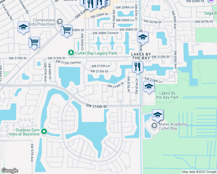 map of restaurants, bars, coffee shops, grocery stores, and more near 21434 Southwest 89th Place in Cutler Bay