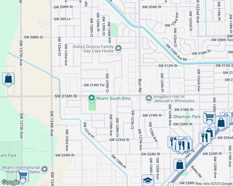 map of restaurants, bars, coffee shops, grocery stores, and more near 12841 Southwest 216th Terrace in Miami