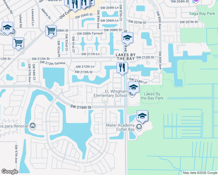 map of restaurants, bars, coffee shops, grocery stores, and more near 21451 Southwest 88th Avenue in Cutler Bay