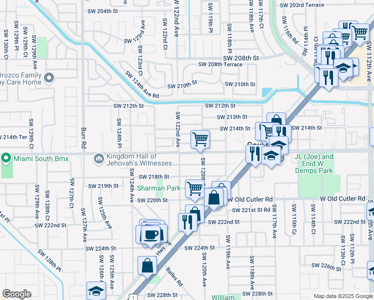 map of restaurants, bars, coffee shops, grocery stores, and more near 12060 Southwest 216th Street in Miami