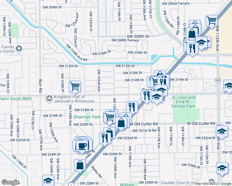 map of restaurants, bars, coffee shops, grocery stores, and more near 21675 Southwest 120th Avenue in Miami