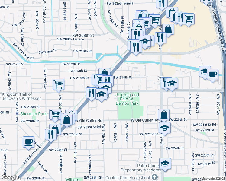 map of restaurants, bars, coffee shops, grocery stores, and more near 11545 Southwest 216th Street in Goulds