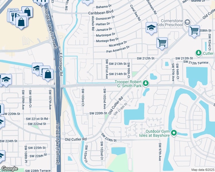 map of restaurants, bars, coffee shops, grocery stores, and more near 10100 Southwest 216th Street in Cutler Bay