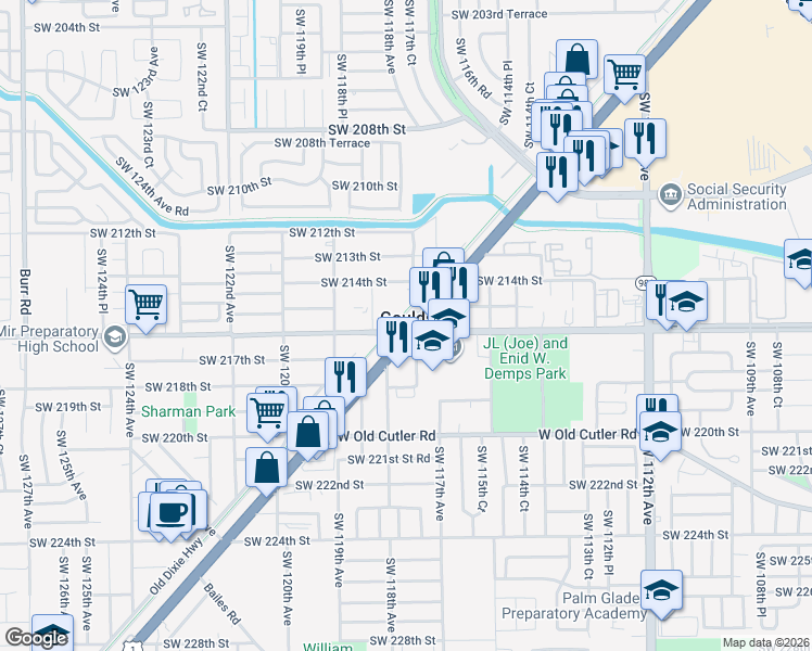 map of restaurants, bars, coffee shops, grocery stores, and more near in Goulds