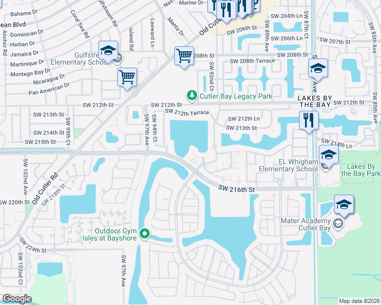 map of restaurants, bars, coffee shops, grocery stores, and more near 21547 Southwest 92nd Place in Cutler Bay