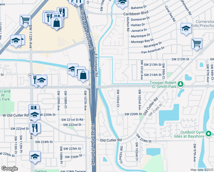 map of restaurants, bars, coffee shops, grocery stores, and more near 10420 Southwest 216th Street in Cutler Bay