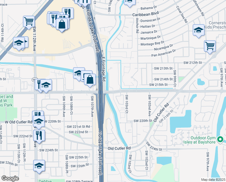 map of restaurants, bars, coffee shops, grocery stores, and more near 10420 Southwest 216th Street in Cutler Bay