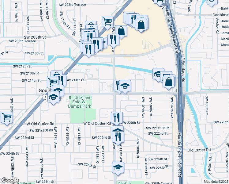 map of restaurants, bars, coffee shops, grocery stores, and more near 11100 Southwest 216th Street in Goulds