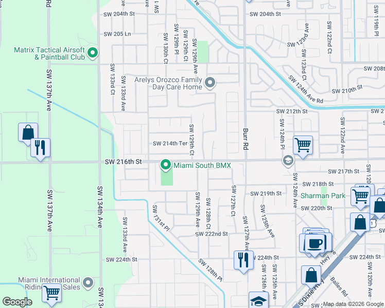 map of restaurants, bars, coffee shops, grocery stores, and more near 12938 Southwest 215th Terrace in Miami
