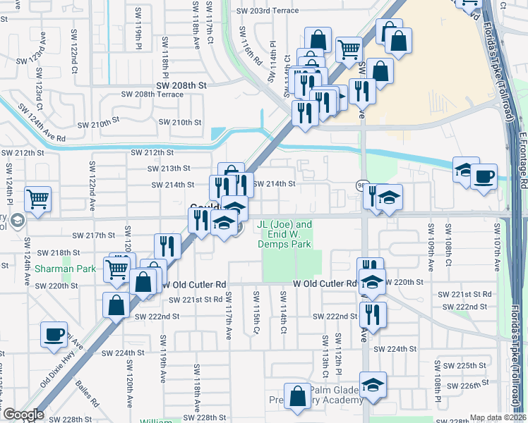 map of restaurants, bars, coffee shops, grocery stores, and more near 11537 Southwest 216th Street in Goulds