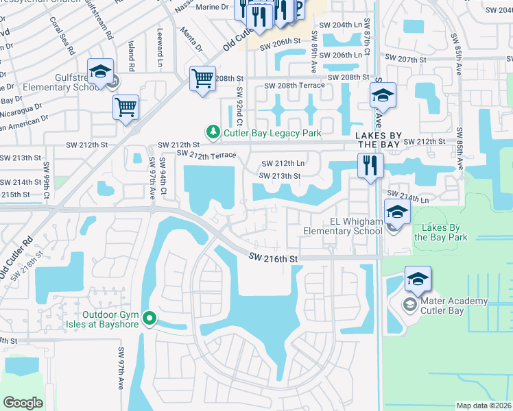 map of restaurants, bars, coffee shops, grocery stores, and more near 21369 Southwest 92nd Avenue in Cutler Bay