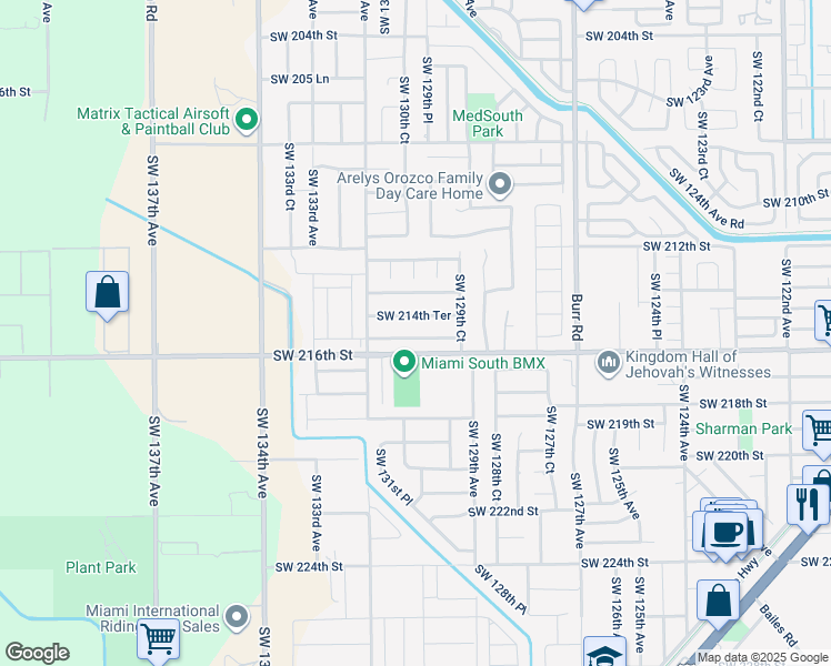 map of restaurants, bars, coffee shops, grocery stores, and more near 13033 Southwest 214th Terrace in Miami