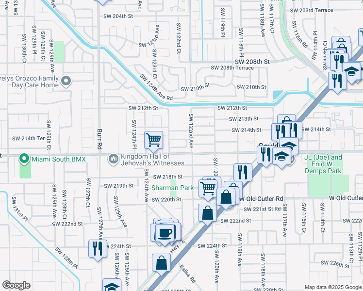 map of restaurants, bars, coffee shops, grocery stores, and more near 12223 Southwest 214 Lane in Miami