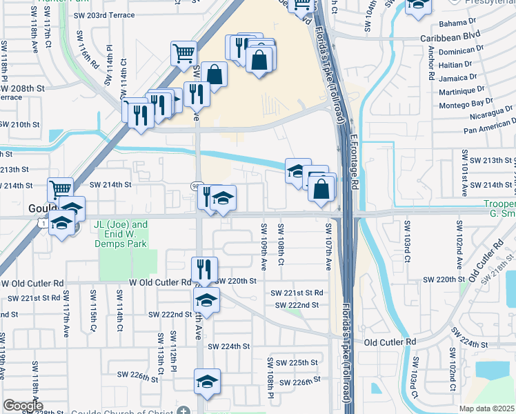 map of restaurants, bars, coffee shops, grocery stores, and more near 21460 Southwest 109th Avenue in Cutler Bay