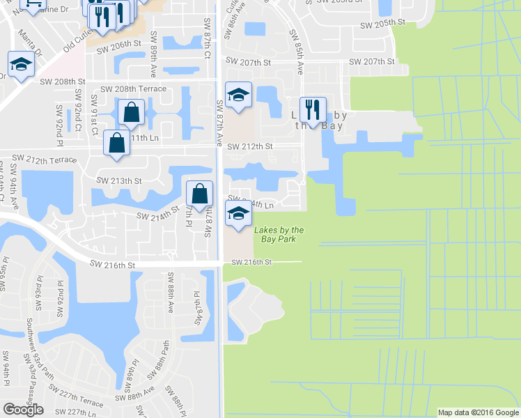 map of restaurants, bars, coffee shops, grocery stores, and more near 21449 Southwest 85th Path in Cutler Bay