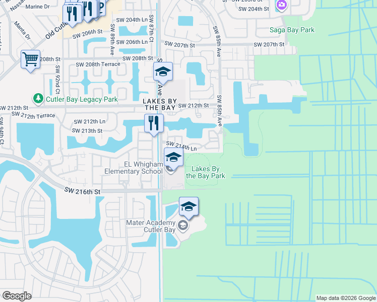 map of restaurants, bars, coffee shops, grocery stores, and more near 21449 Southwest 85th Path in Cutler Bay