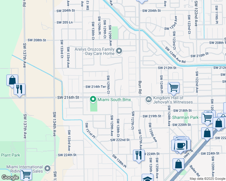 map of restaurants, bars, coffee shops, grocery stores, and more near 21423 Southwest 128th Place in Miami