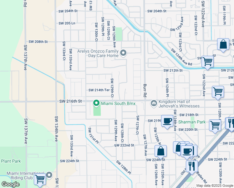 map of restaurants, bars, coffee shops, grocery stores, and more near 21423 Southwest 128th Place in Miami