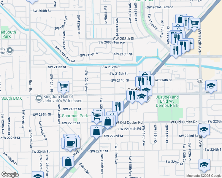 map of restaurants, bars, coffee shops, grocery stores, and more near 11920 Southwest 215th Street in Miami