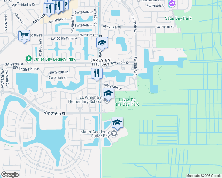 map of restaurants, bars, coffee shops, grocery stores, and more near 21449 Southwest 85th Path in Cutler Bay