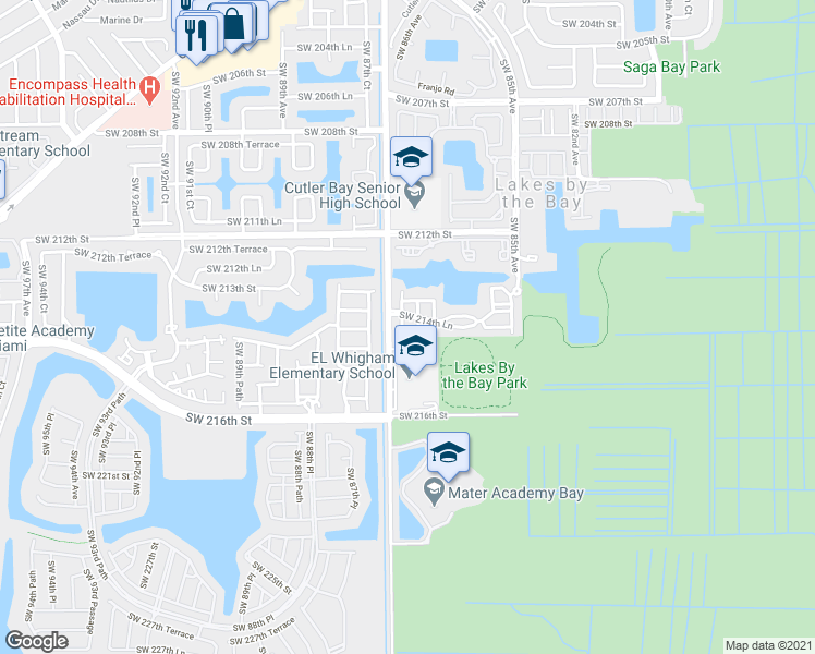 map of restaurants, bars, coffee shops, grocery stores, and more near 21450 Southwest 86th Place in Cutler Bay