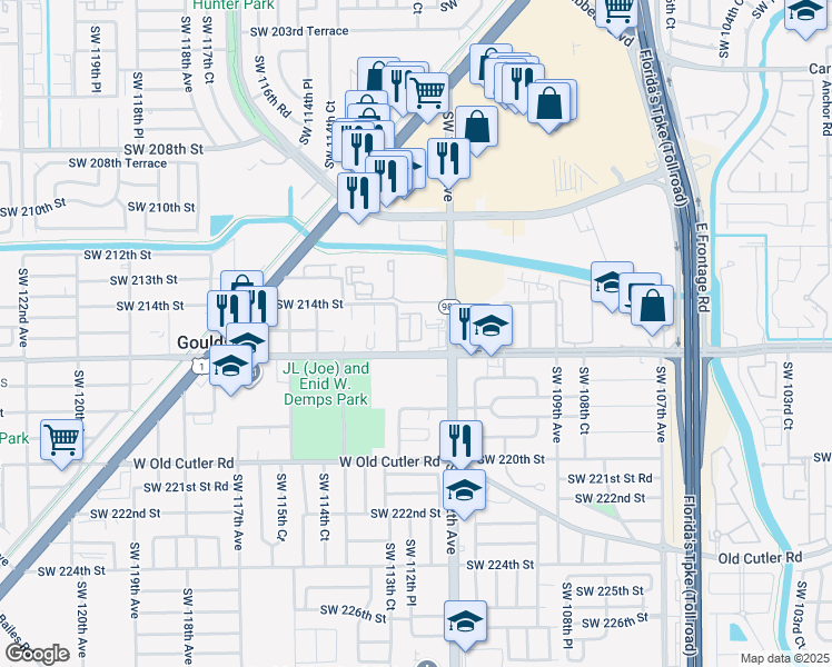 map of restaurants, bars, coffee shops, grocery stores, and more near 21358 Southwest 112th Avenue in Miami