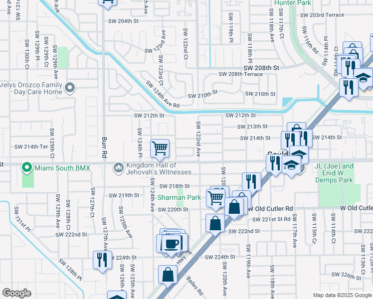 map of restaurants, bars, coffee shops, grocery stores, and more near 12261 Southwest 214 Lane in Miami
