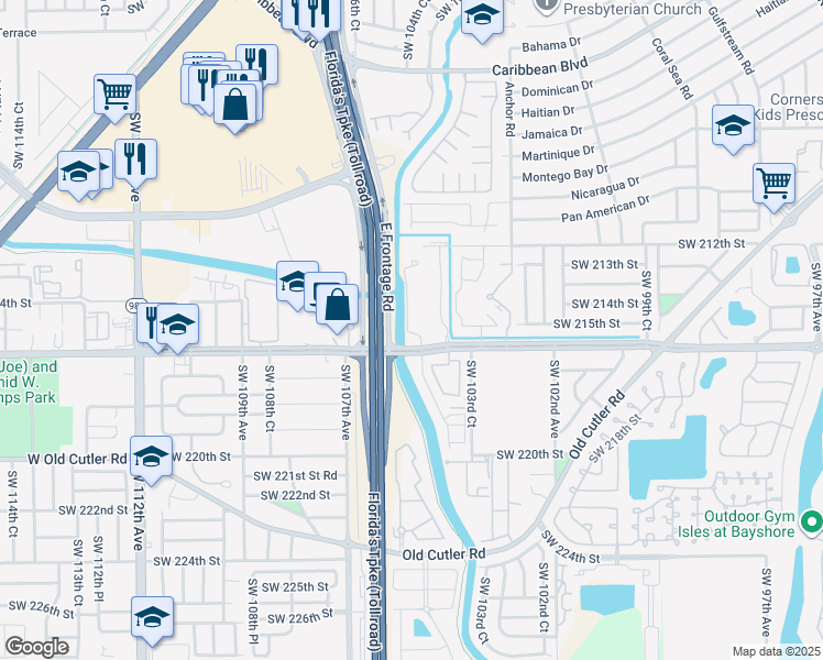 map of restaurants, bars, coffee shops, grocery stores, and more near 10505 Southwest 216th Street in Cutler Bay