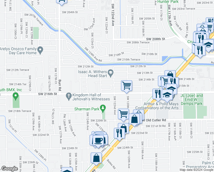 map of restaurants, bars, coffee shops, grocery stores, and more near 12223 Southwest 214 Lane in Miami