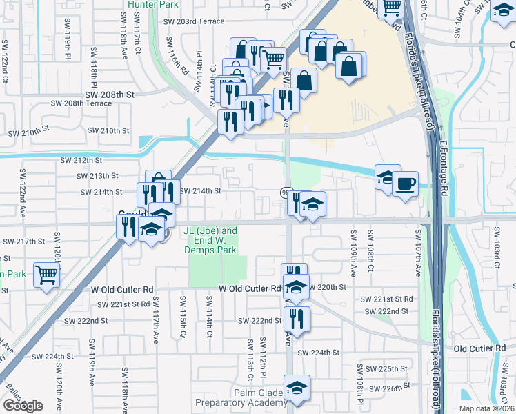 map of restaurants, bars, coffee shops, grocery stores, and more near 21451 Southwest 113th Avenue in Miami