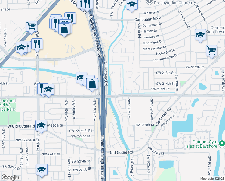 map of restaurants, bars, coffee shops, grocery stores, and more near 10505 Southwest 216th Street in Cutler Bay