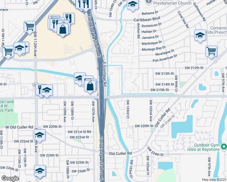 map of restaurants, bars, coffee shops, grocery stores, and more near 10505 Southwest 216th Street in Cutler Bay