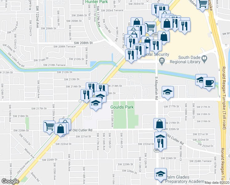 map of restaurants, bars, coffee shops, grocery stores, and more near 11451 Southwest 215th Street in Miami