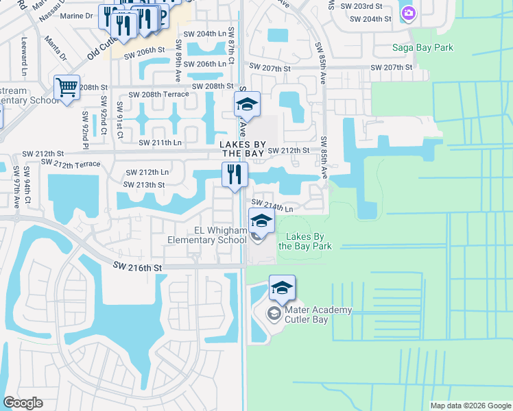 map of restaurants, bars, coffee shops, grocery stores, and more near 21450 Southwest 86th Place in Cutler Bay
