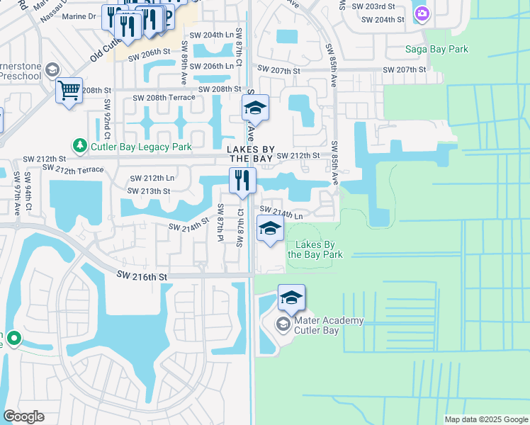 map of restaurants, bars, coffee shops, grocery stores, and more near 21450 Southwest 86th Place in Cutler Bay