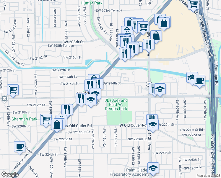 map of restaurants, bars, coffee shops, grocery stores, and more near 11451 Southwest 215th Street in Miami