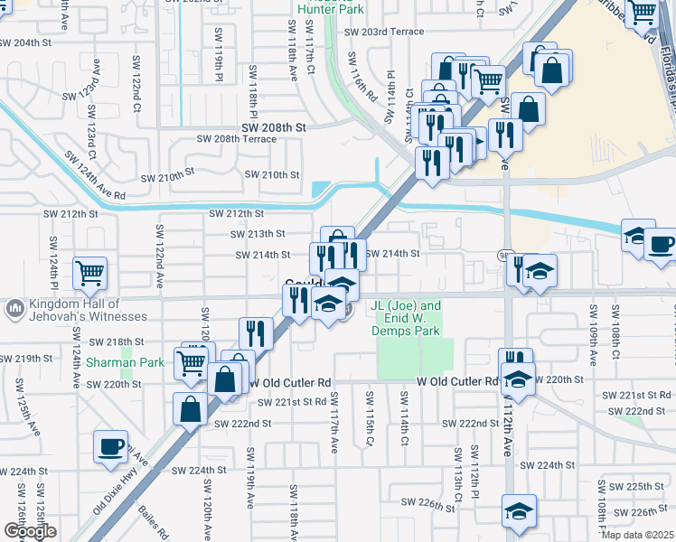 map of restaurants, bars, coffee shops, grocery stores, and more near 21475 U.S. 1 in Miami