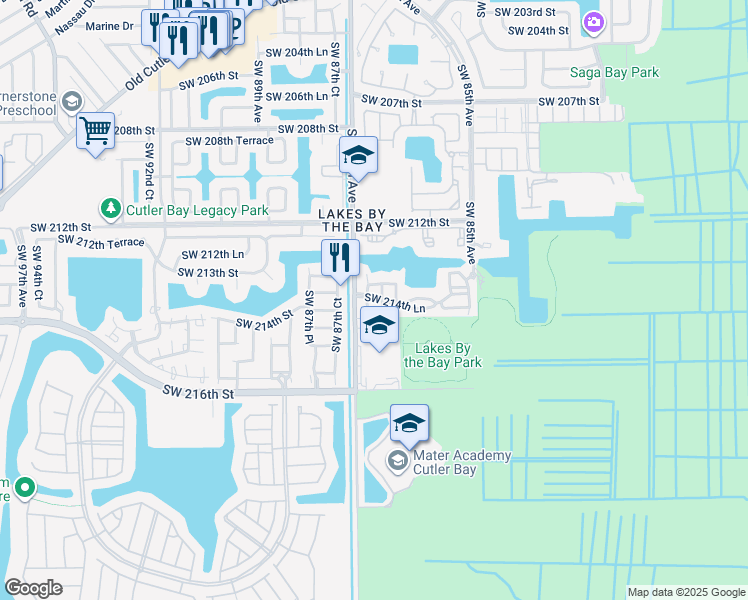 map of restaurants, bars, coffee shops, grocery stores, and more near 21450 Southwest 86th Place in Cutler Bay