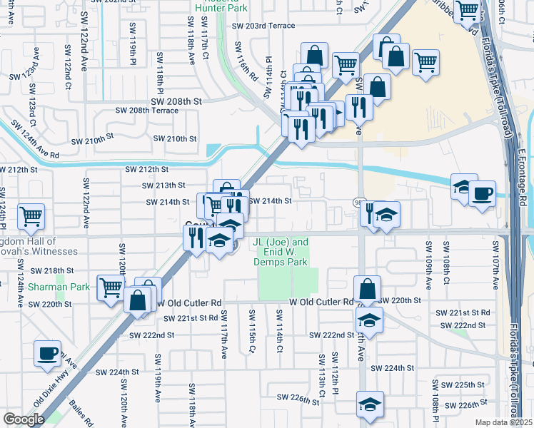 map of restaurants, bars, coffee shops, grocery stores, and more near 11451 Southwest 215th Street in Miami