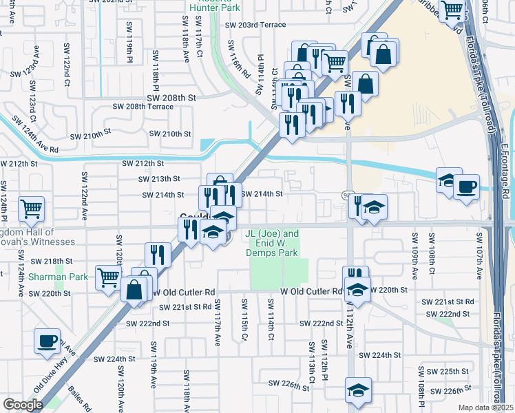 map of restaurants, bars, coffee shops, grocery stores, and more near 11451 Southwest 215th Street in Miami